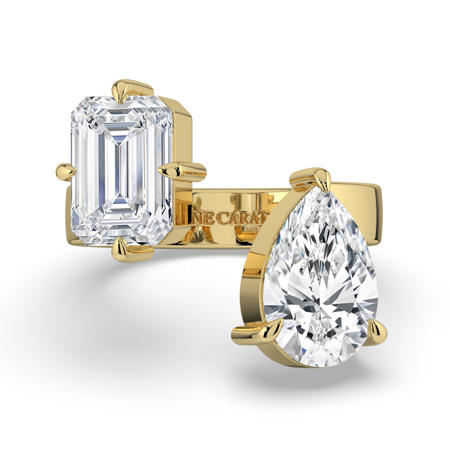 18K Gold Emerald-Cut & Pear-Cut Diamond Open Ring - One Carat Jewelry