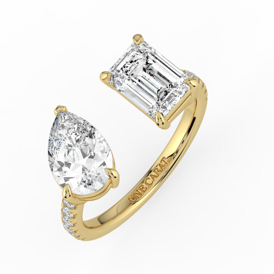 18K Gold Pear & Emerald-Cut Diamond Bypass Ring - One Carat Jewelry