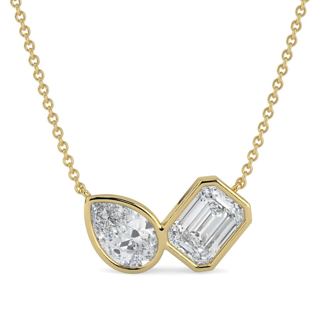 18K Gold Pear & Emerald-Cut Diamond Duo Pendant Necklace - One Carat Jewelry