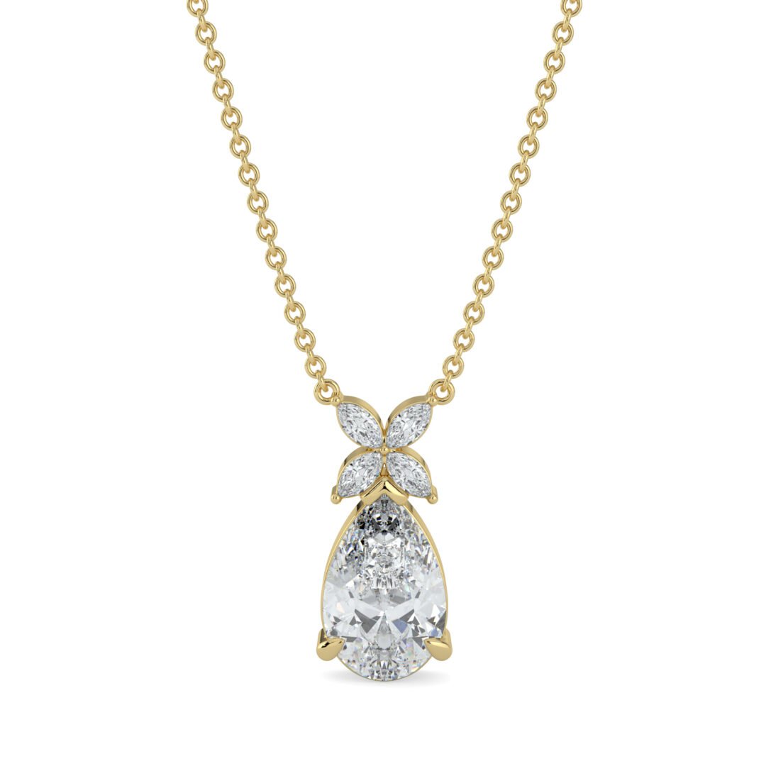 18K Gold Pear-Shaped Diamond Necklace with Floral Accent - One Carat Jewelry