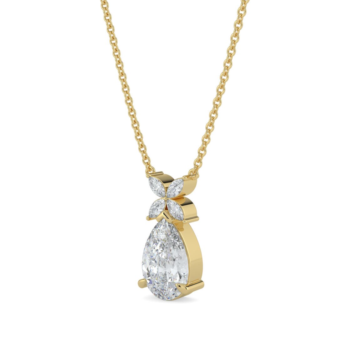 18K Gold Pear-Shaped Diamond Necklace with Floral Accent - One Carat Jewelry