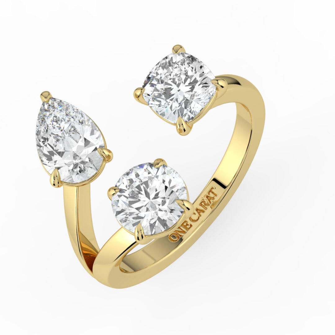 18K Gold Three-Stone Diamond Open Ring - One Carat Jewelry