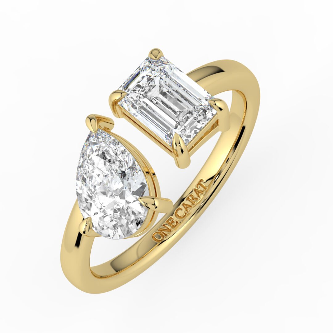 18K Gold Two-Stone Diamond Ring with Emerald & Pear Cuts - One Carat Jewelry
