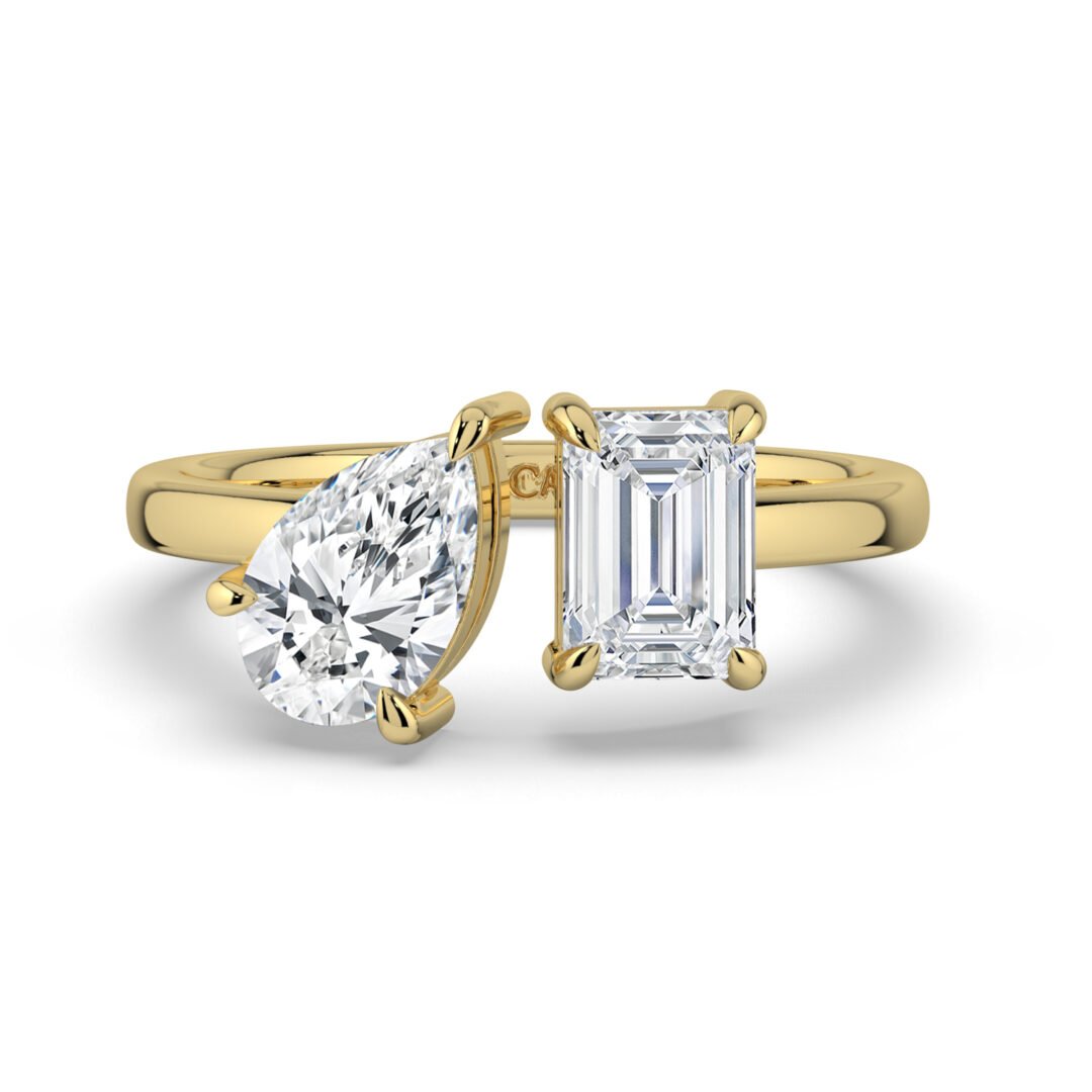 18K Gold Two-Stone Diamond Ring with Emerald & Pear Cuts - One Carat Jewelry