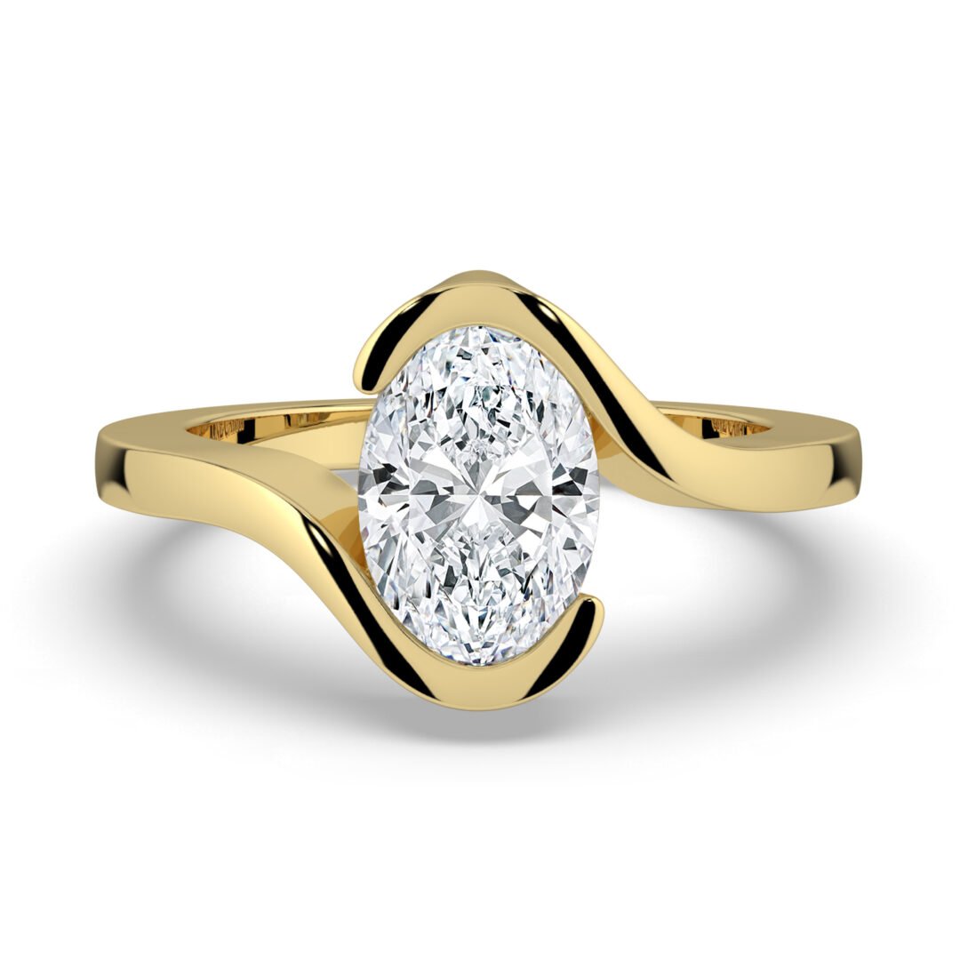 18K Gold Wave Engagement Ring with Oval Diamond - One Carat Jewelry
