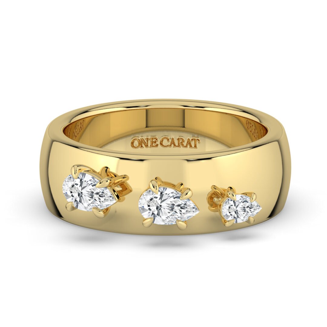 18K Gold Wide Band Ring with Three Pear-Cut Diamonds - One Carat Jewelry
