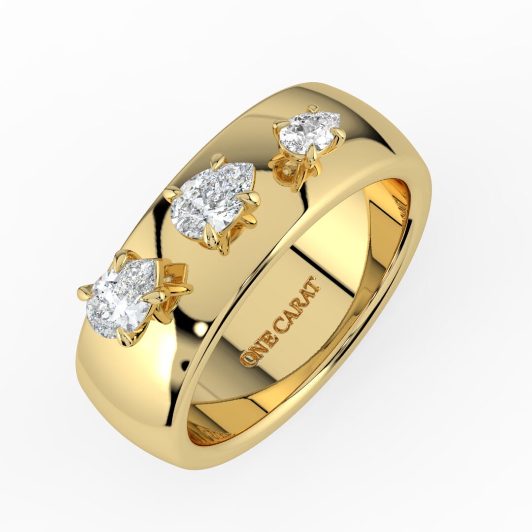 18K Gold Wide Band Ring with Three Pear-Cut Diamonds - One Carat Jewelry