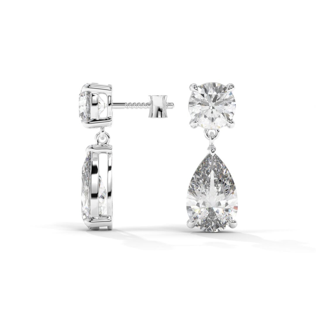 White Gold Round & Pear-Cut Diamond Drop Earrings - One Carat Jewelry