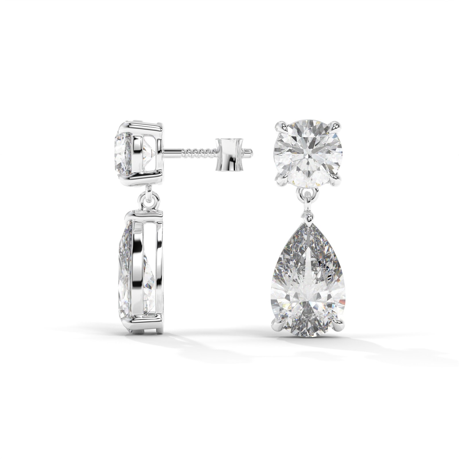 White Gold Round & Pear-Cut Diamond Drop Earrings - One Carat Jewelry