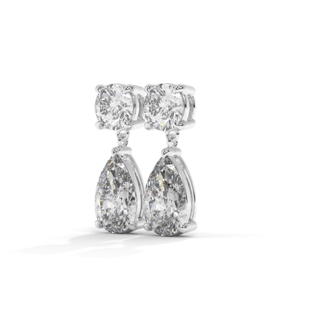 White Gold Round & Pear-Cut Diamond Drop Earrings - One Carat Jewelry