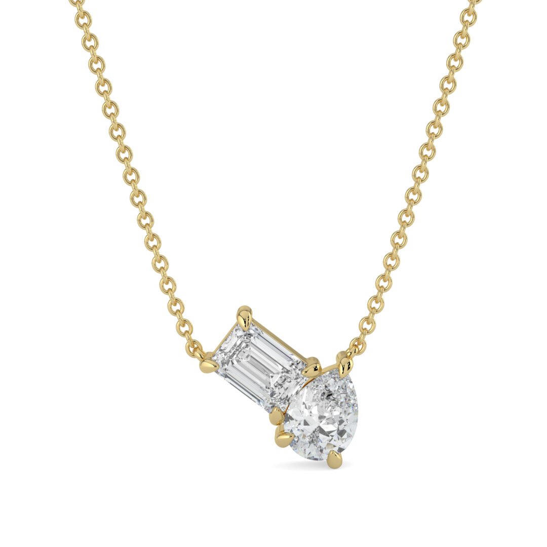 18K Gold Baguette & Pear Duo Diamond Necklace - One Carat Jewelry