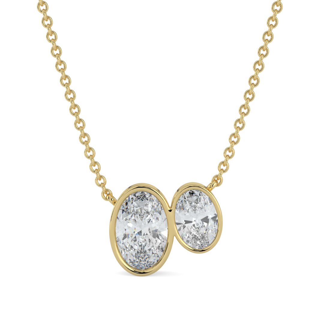 18K Gold Double Oval Diamond Bezel Pendant Necklace - One Carat Jewelry