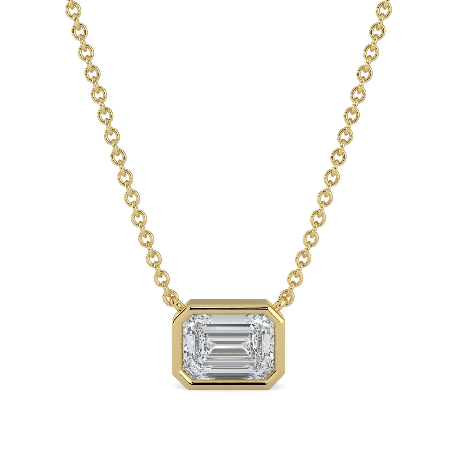 18K Gold Emerald-Cut Diamond Bezel Pendant Necklace - One Carat Jewelry