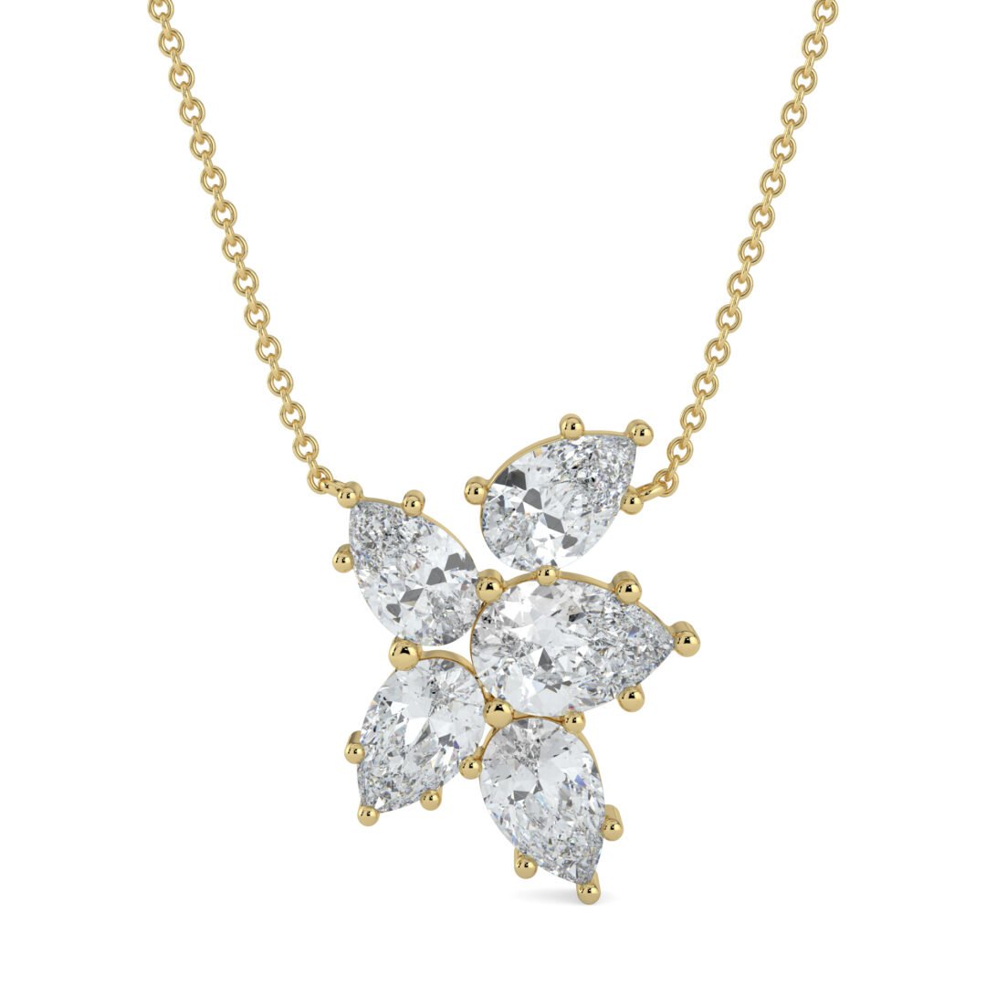 18K Gold Pear-Cut Diamond Floral Cluster Pendant Necklace - One Carat Jewelry