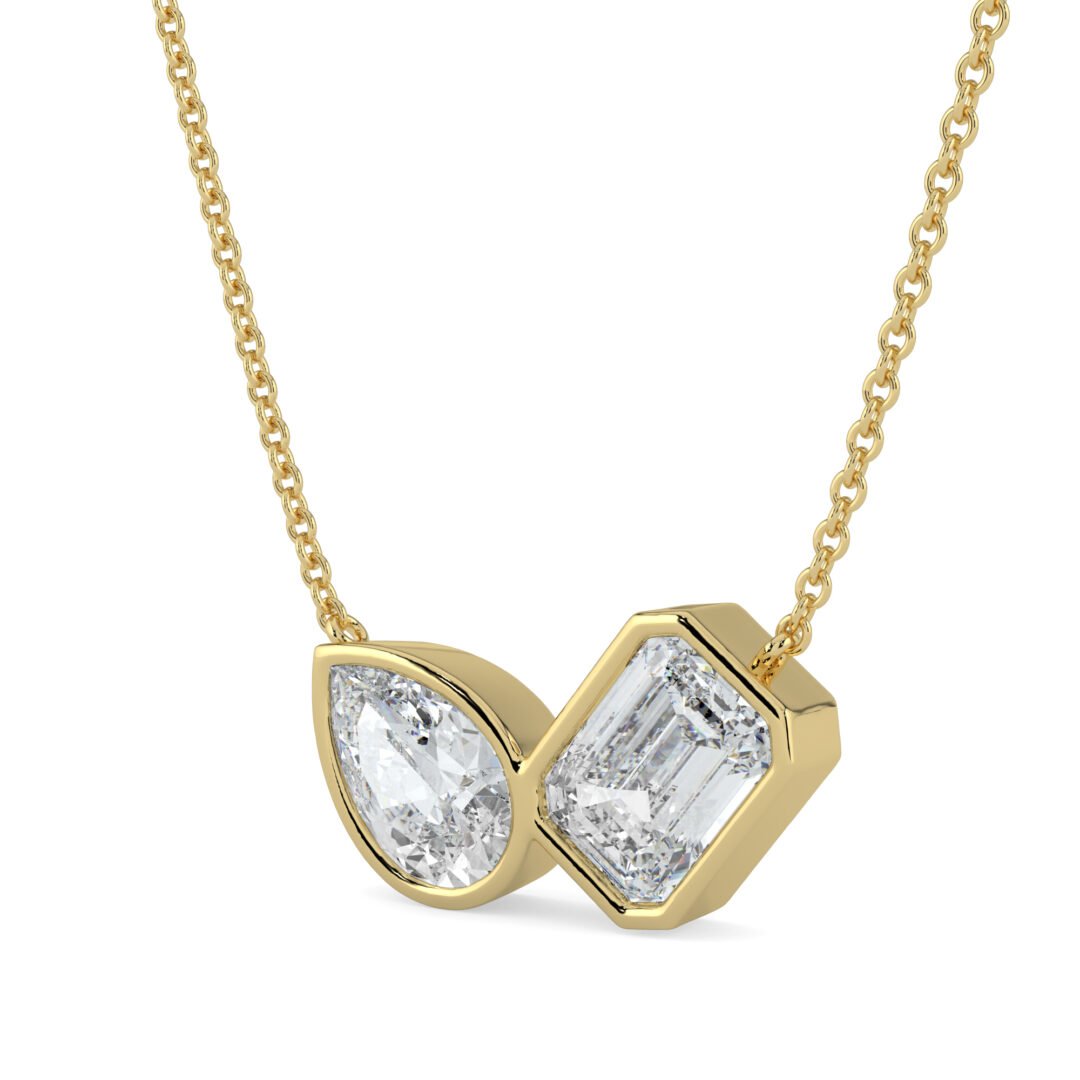 18K Gold Pear & Emerald-Cut Diamond Duo Pendant Necklace - One Carat Jewelry