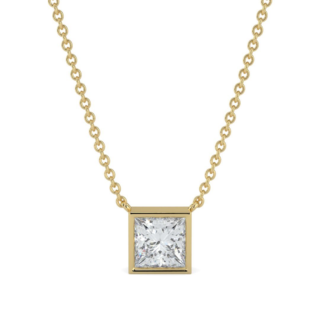 18K Gold Princess-Cut Diamond Bezel Pendant Necklace - One Carat Jewelry
