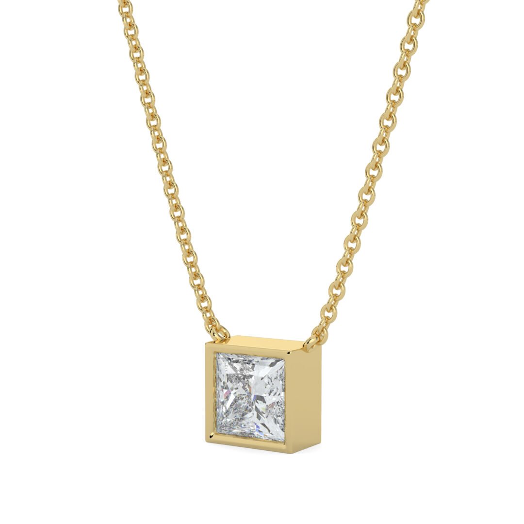 18K Gold Princess-Cut Diamond Bezel Pendant Necklace - One Carat Jewelry
